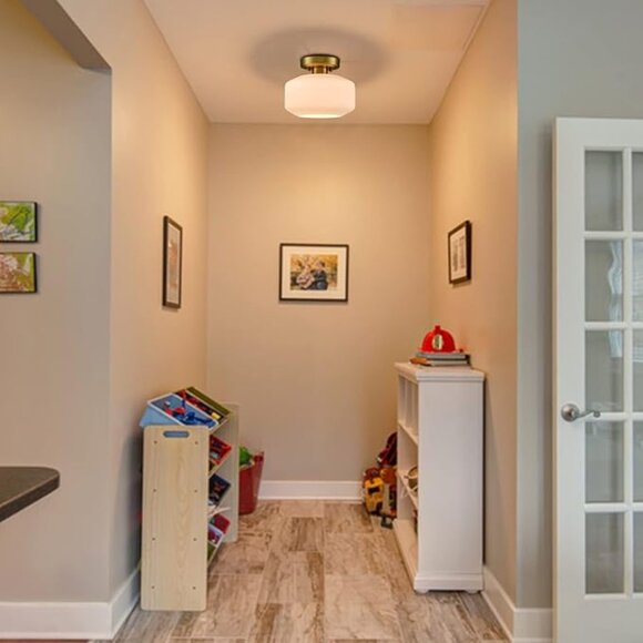 NIB Jeenkae Gold W/ Milk Glass Semi Flush Mount Ceiling Light Fixture - Picture 5 of 8